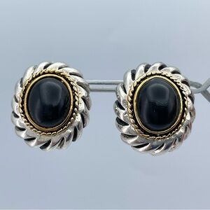 Vintage Two-Tone Rope Oval Earrings w/ Black Cabochon Stones